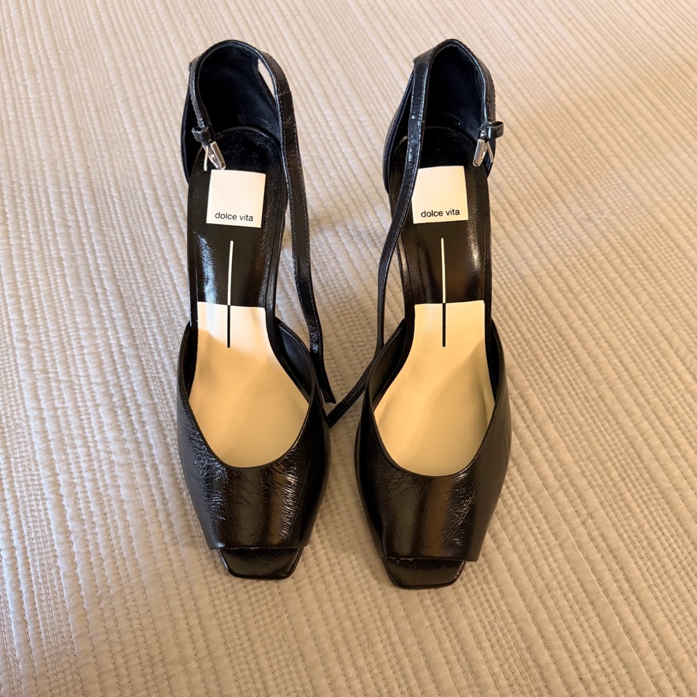 NEW Dolce Vita Women's Black Leather Square Peep Toe Ankle Strap Stiletto Heels